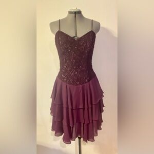 Deep Purple Party Dress with Fitted Lace Bodice and Ruffled Skirt. Size 12